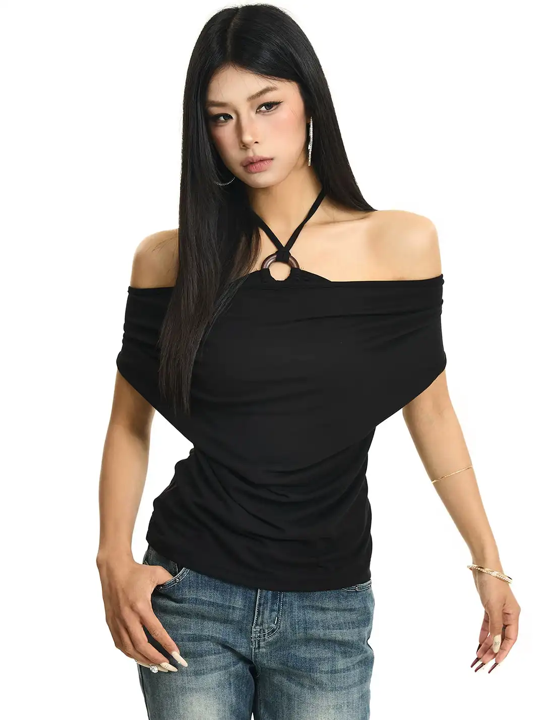 JHYWZD | Halter Fake Two-Piece Off-The-Shoulder T-Shirt