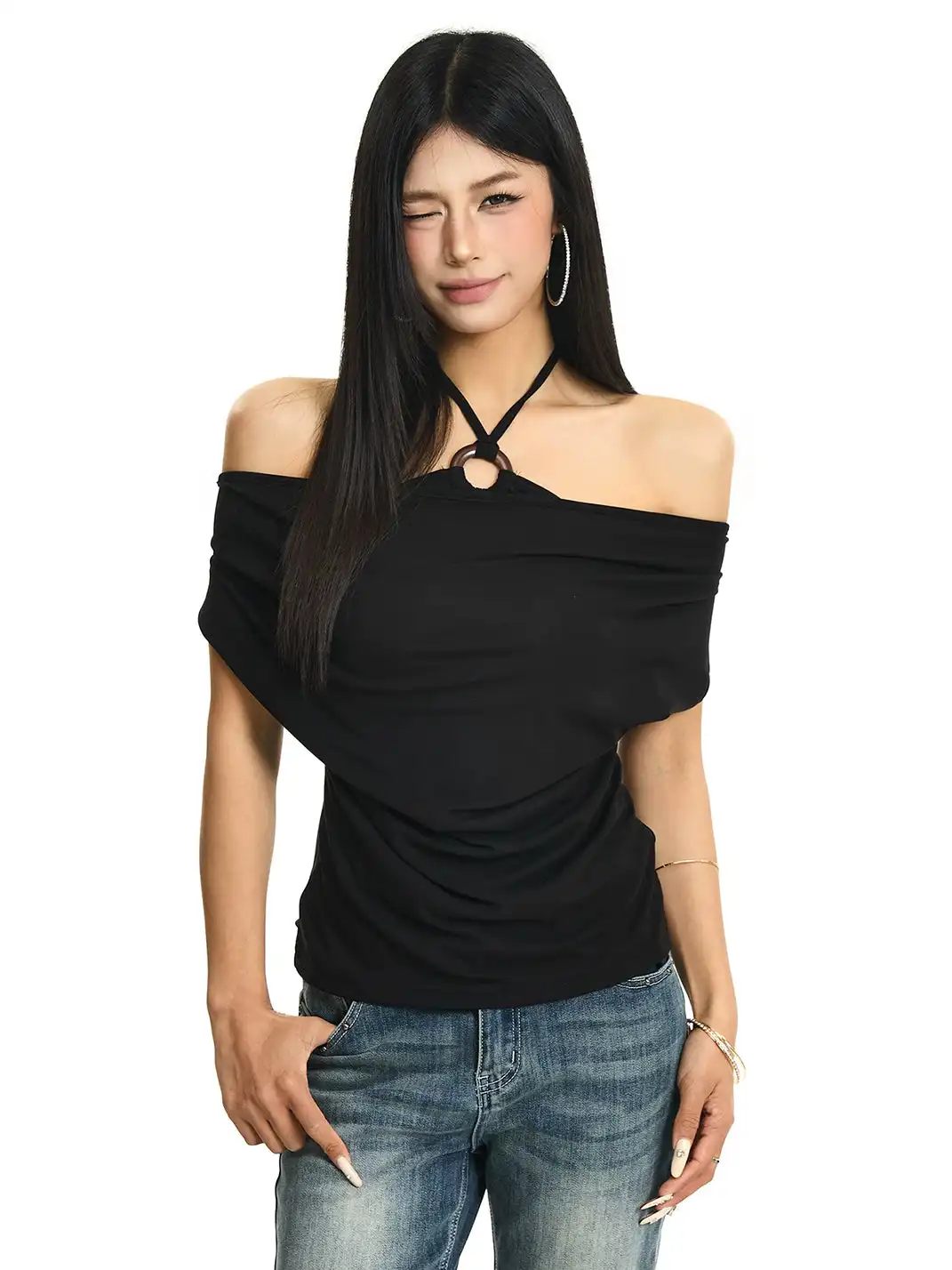 JHYWZD | Halter Fake Two-Piece Off-The-Shoulder T-Shirt