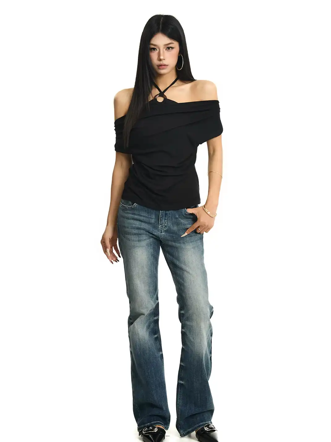JHYWZD | Halter Fake Two-Piece Off-The-Shoulder T-Shirt