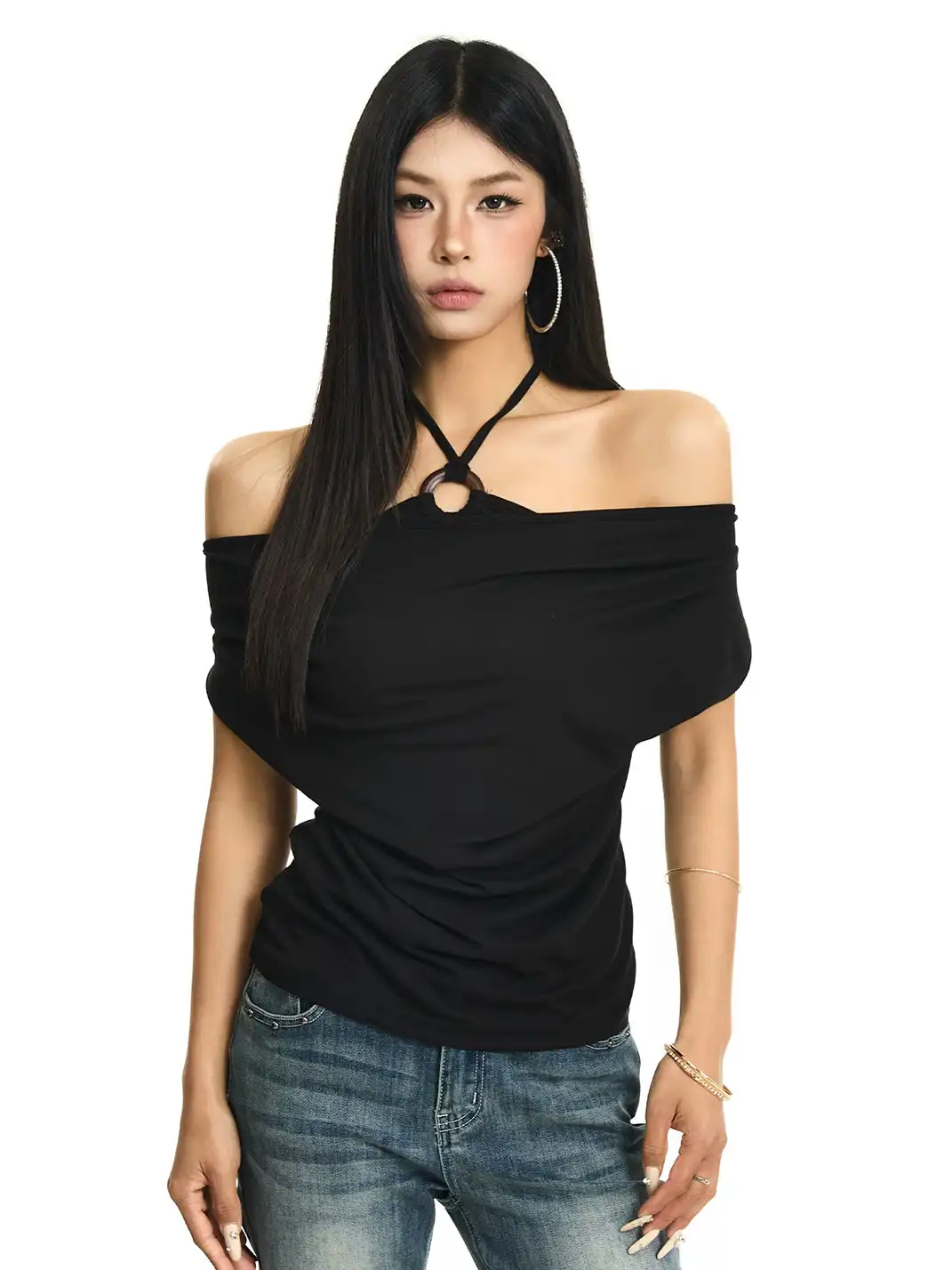 JHYWZD | Halter Fake Two-Piece Off-The-Shoulder T-Shirt