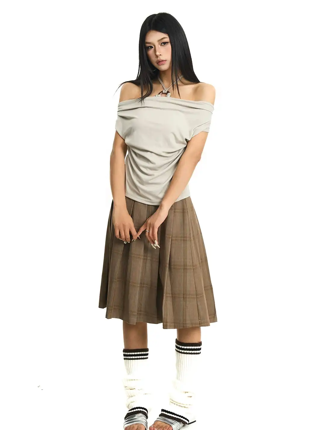 JHYWZD | Halter Fake Two-Piece Off-The-Shoulder T-Shirt