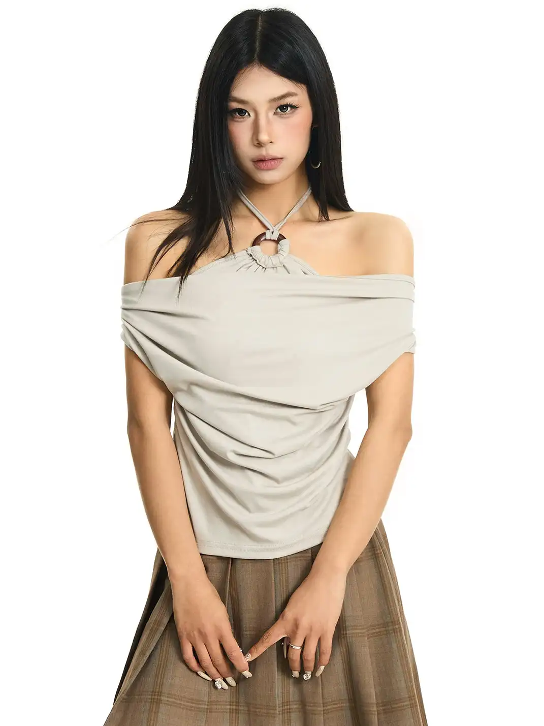 JHYWZD | Halter Fake Two-Piece Off-The-Shoulder T-Shirt