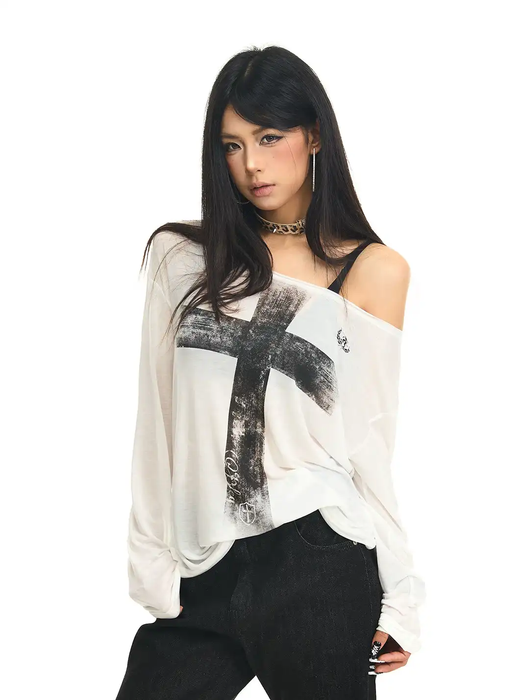 JHYWZD | Cross Print Asymmetrical Shoulder Long Sleeve T-Shirt