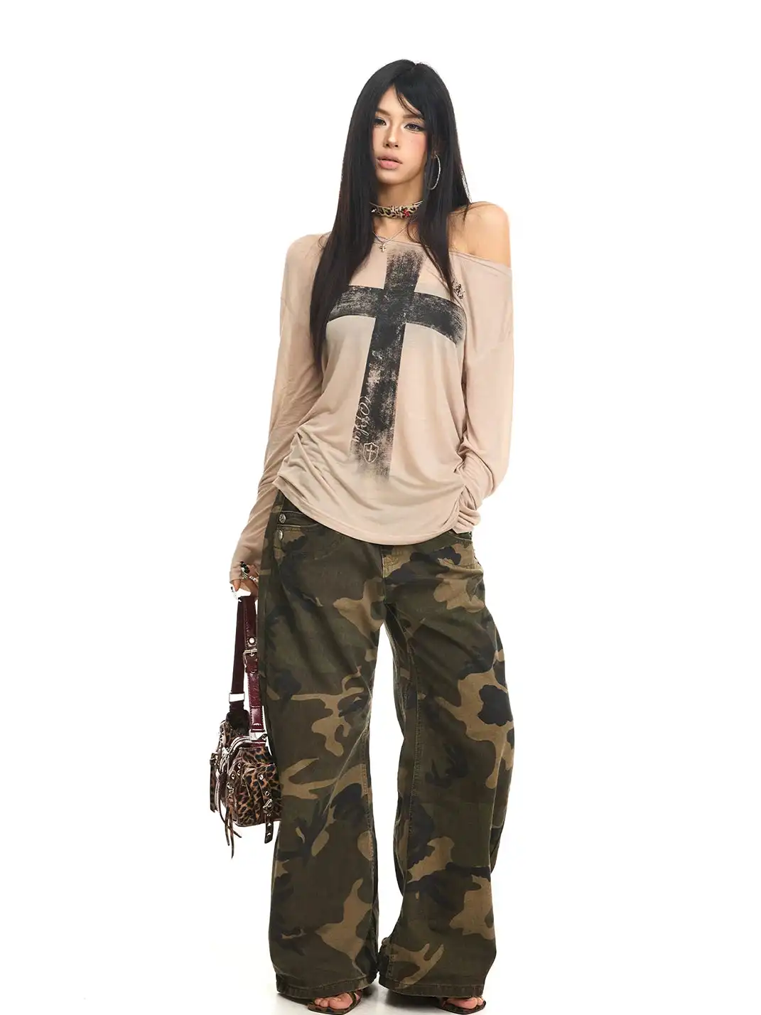 JHYWZD | Cross Print Asymmetrical Shoulder Long Sleeve T-Shirt