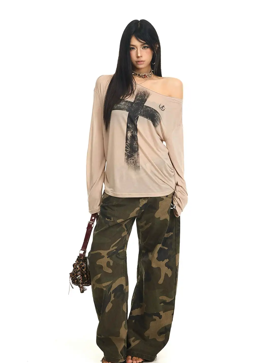 JHYWZD | Cross Print Asymmetrical Shoulder Long Sleeve T-Shirt