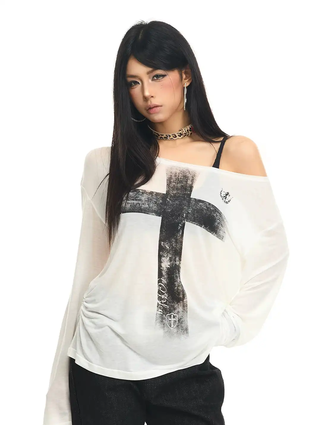 JHYWZD | Cross Print Asymmetrical Shoulder Long Sleeve T-Shirt