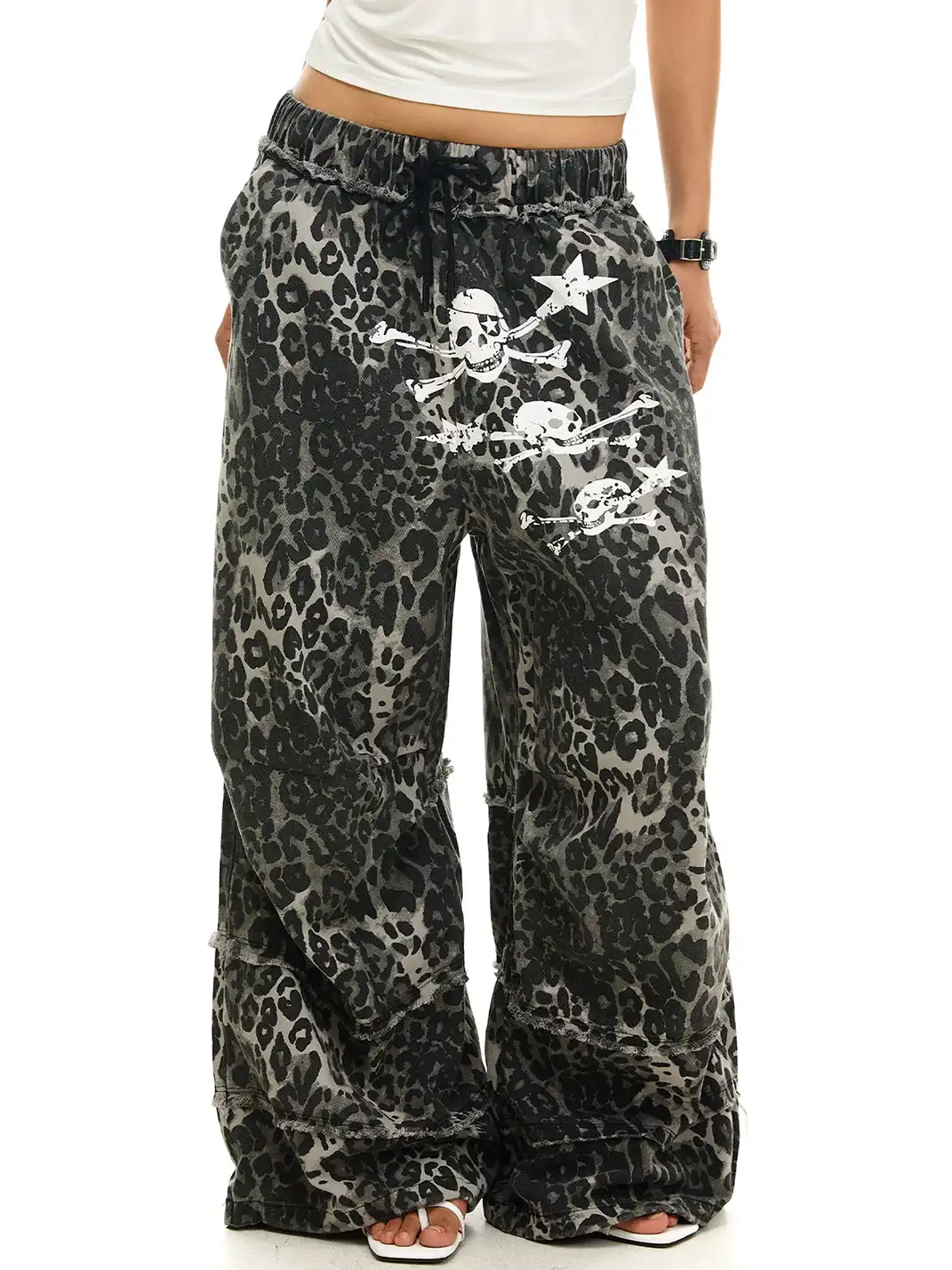 JHYWZD | Leopard Skull Frayed Drawstring Wide Leg Pants