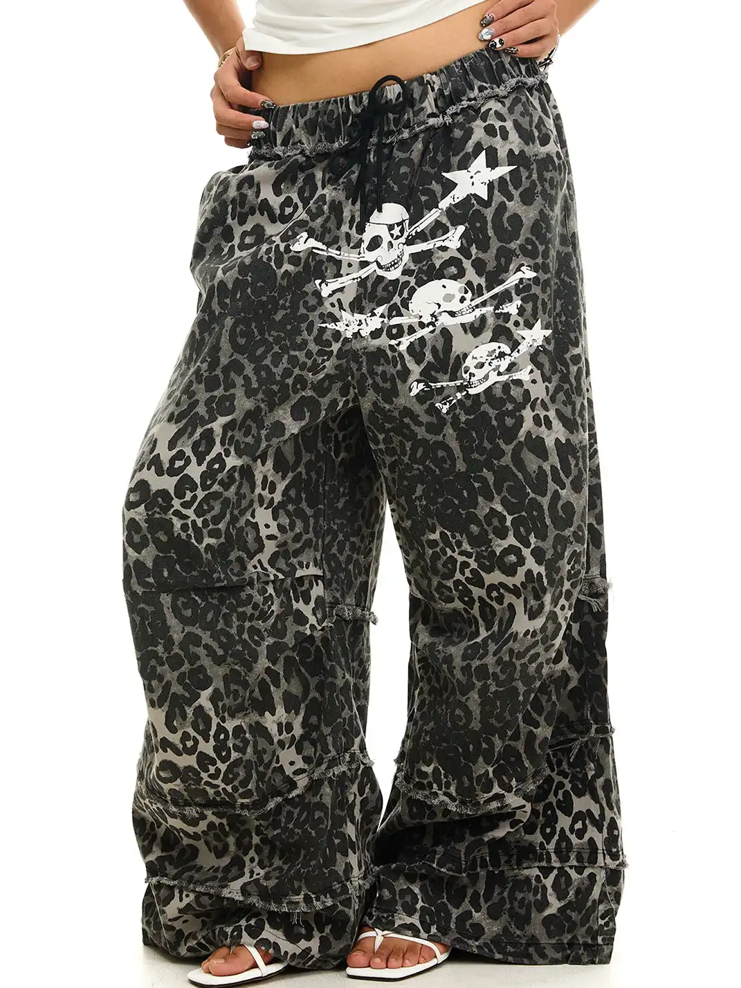 JHYWZD | Leopard Skull Frayed Drawstring Wide Leg Pants