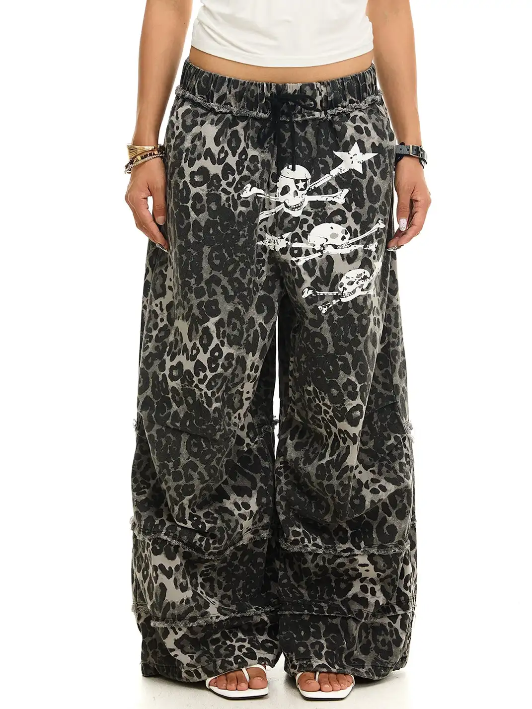 JHYWZD | Leopard Skull Frayed Drawstring Wide Leg Pants