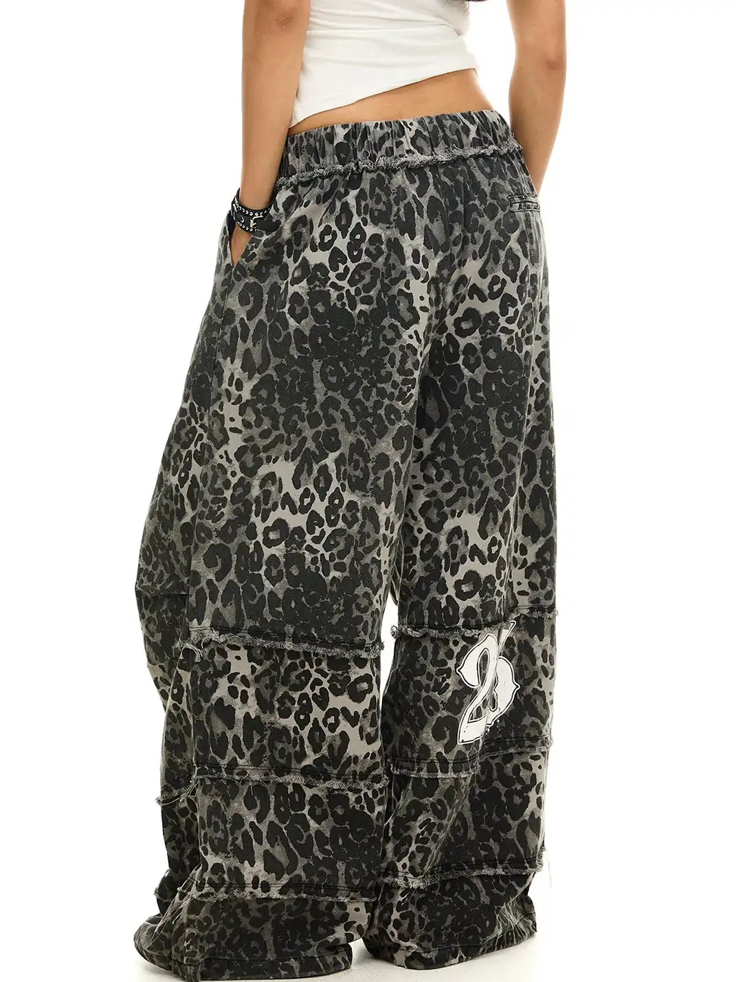 JHYWZD | Leopard Skull Frayed Drawstring Wide Leg Pants