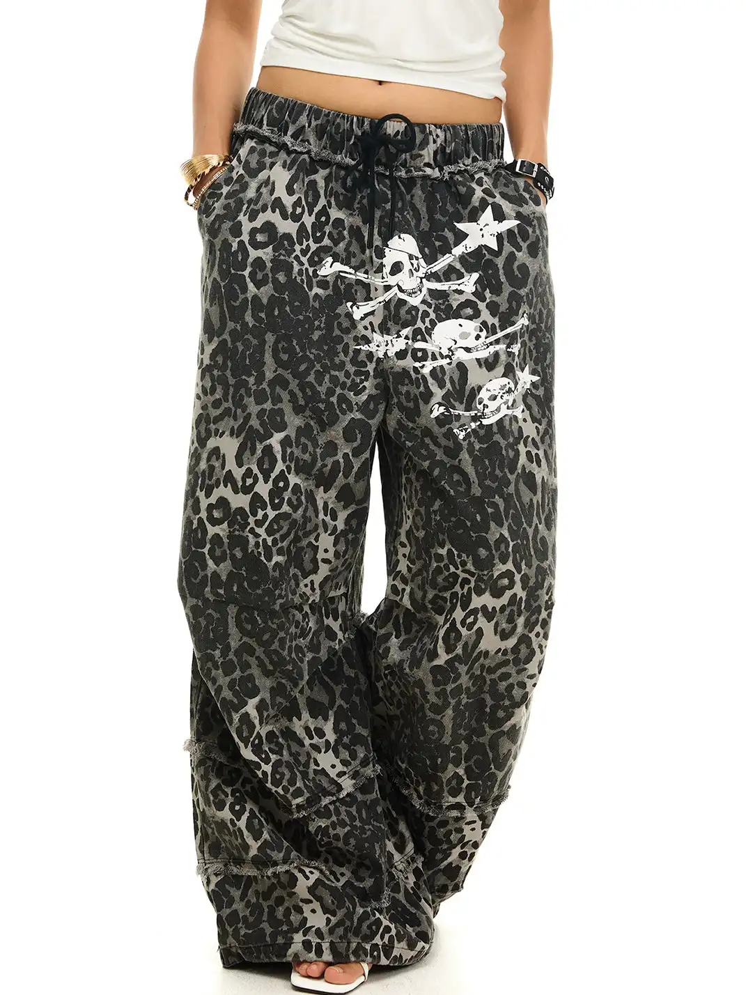 JHYWZD | Leopard Skull Frayed Drawstring Wide Leg Pants