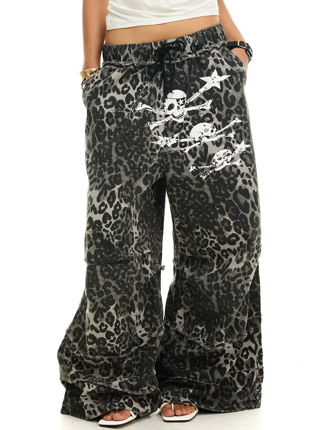 JHYWZD | Leopard Skull Frayed Drawstring Wide Leg Pants
