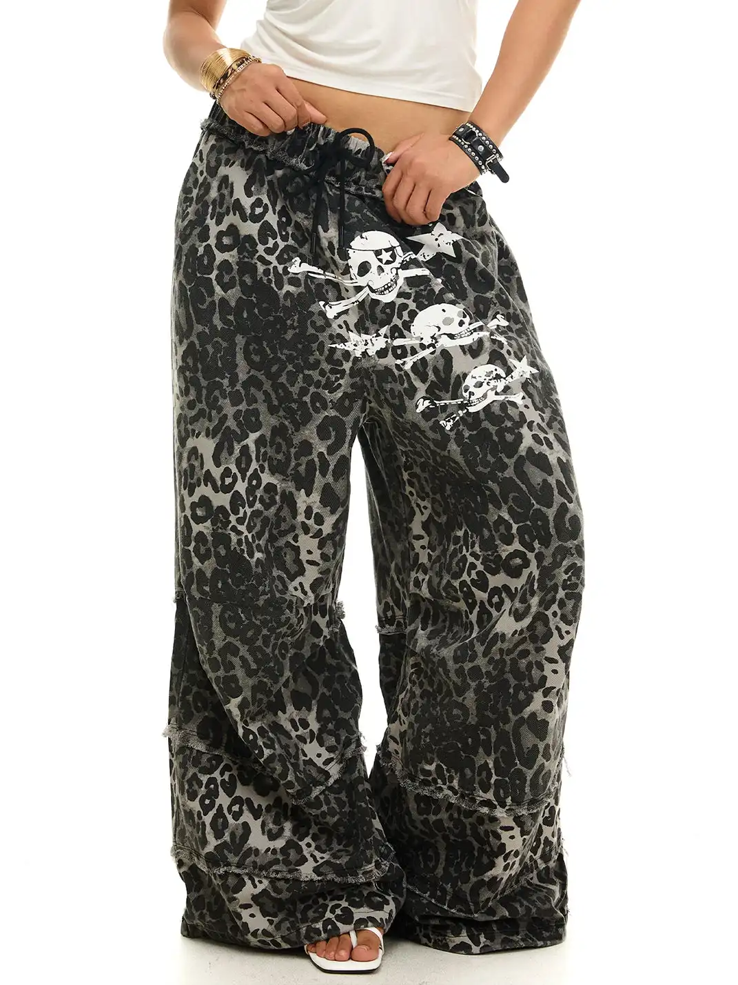 JHYWZD | Leopard Skull Frayed Drawstring Wide Leg Pants