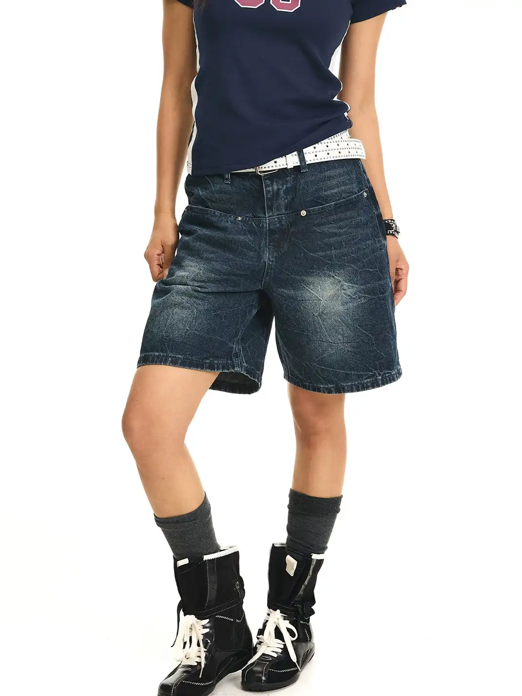 JHYWZD | Washed Crack Straight Denim Shorts