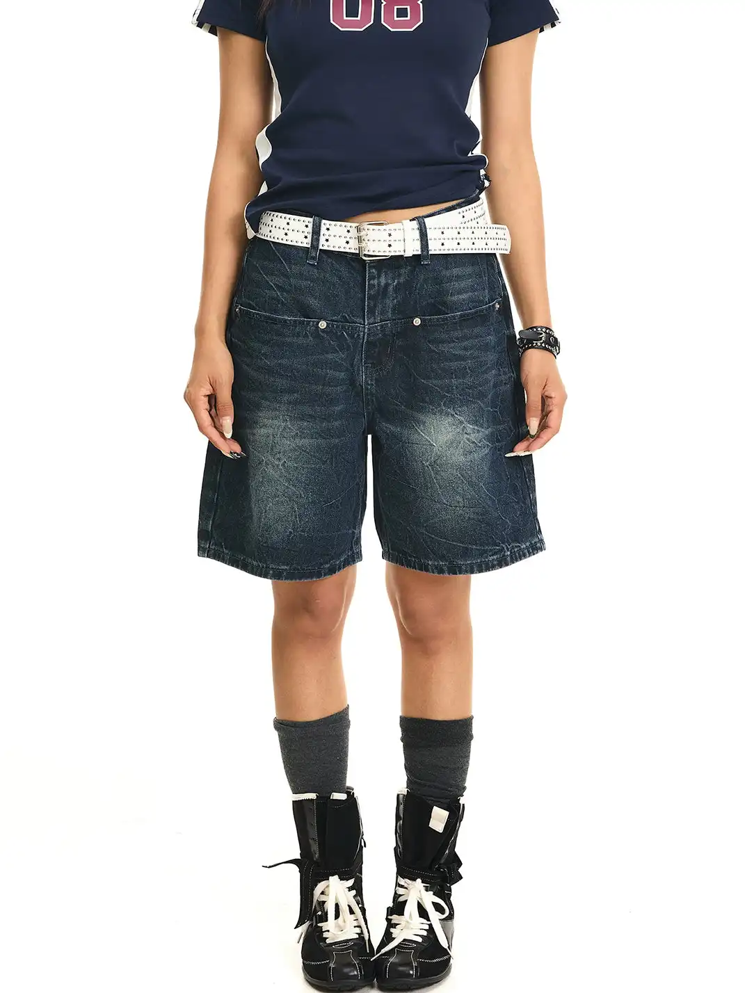 JHYWZD | Washed Crack Straight Denim Shorts