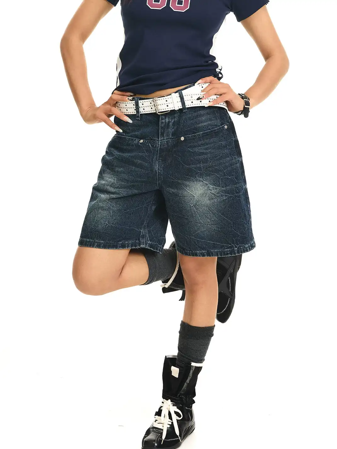 JHYWZD | Washed Crack Straight Denim Shorts