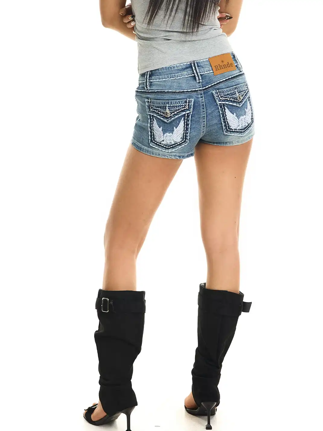 JHYWZD | Rhinestone Wing Embroidered Denim Shorts