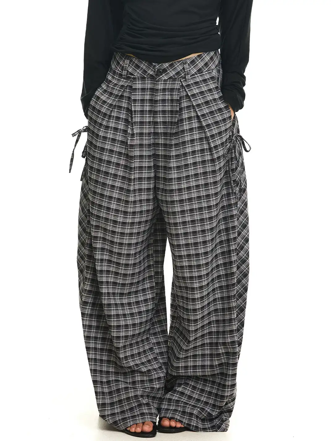 JHYWZD | Plaid Curved Wide Leg Pants