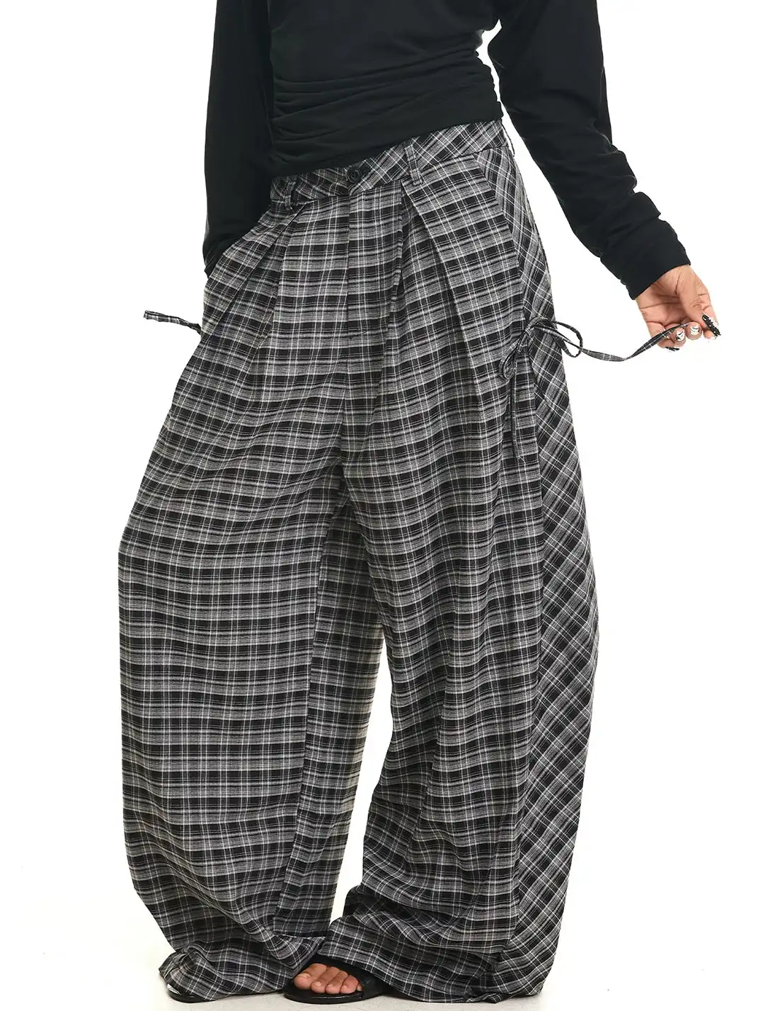 JHYWZD | Plaid Curved Wide Leg Pants