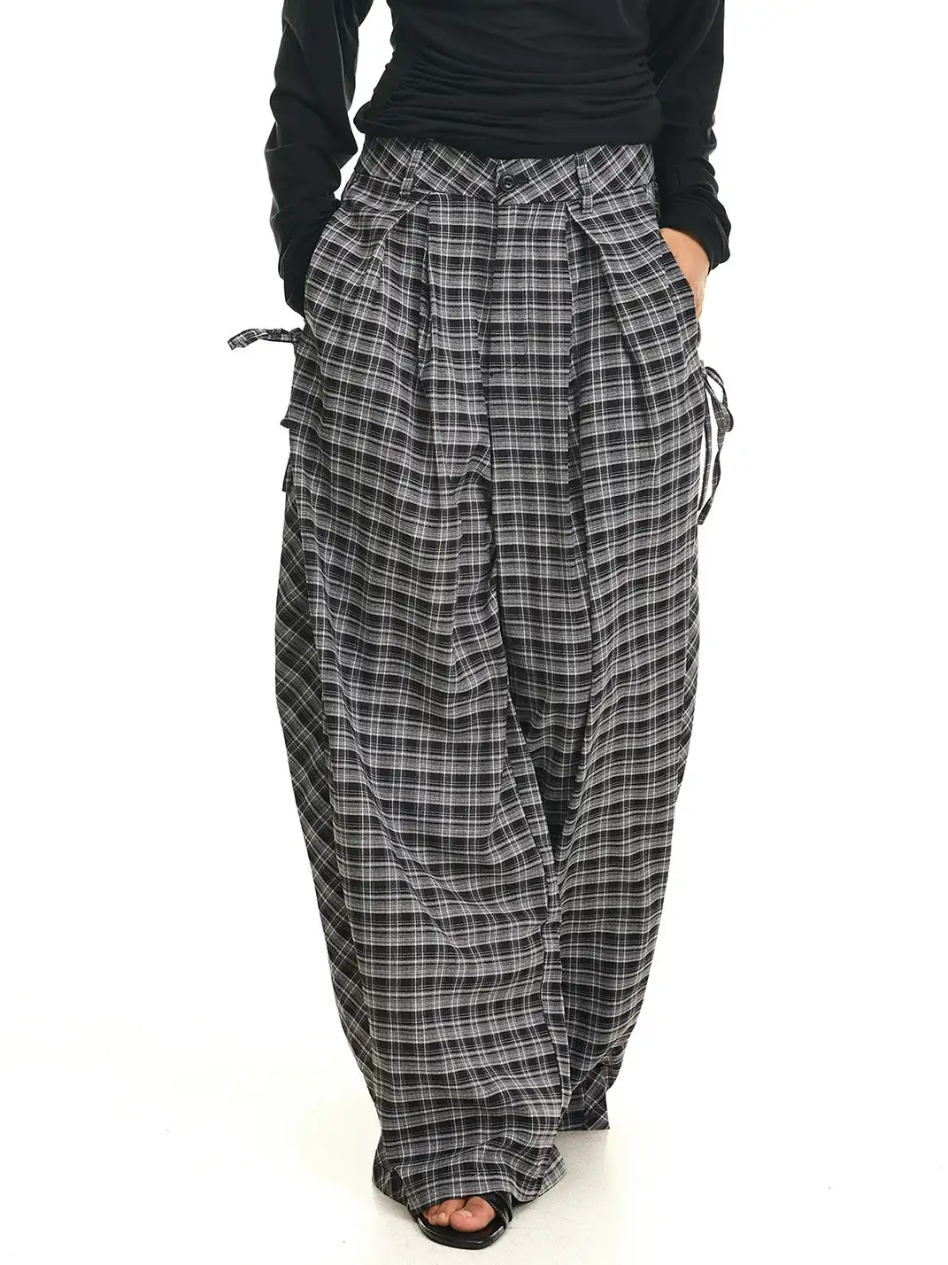 JHYWZD | Plaid Curved Wide Leg Pants