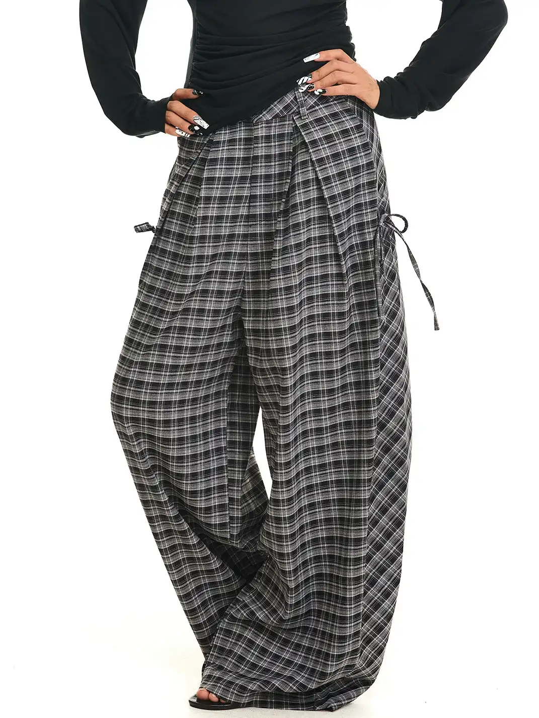 JHYWZD | Plaid Curved Wide Leg Pants
