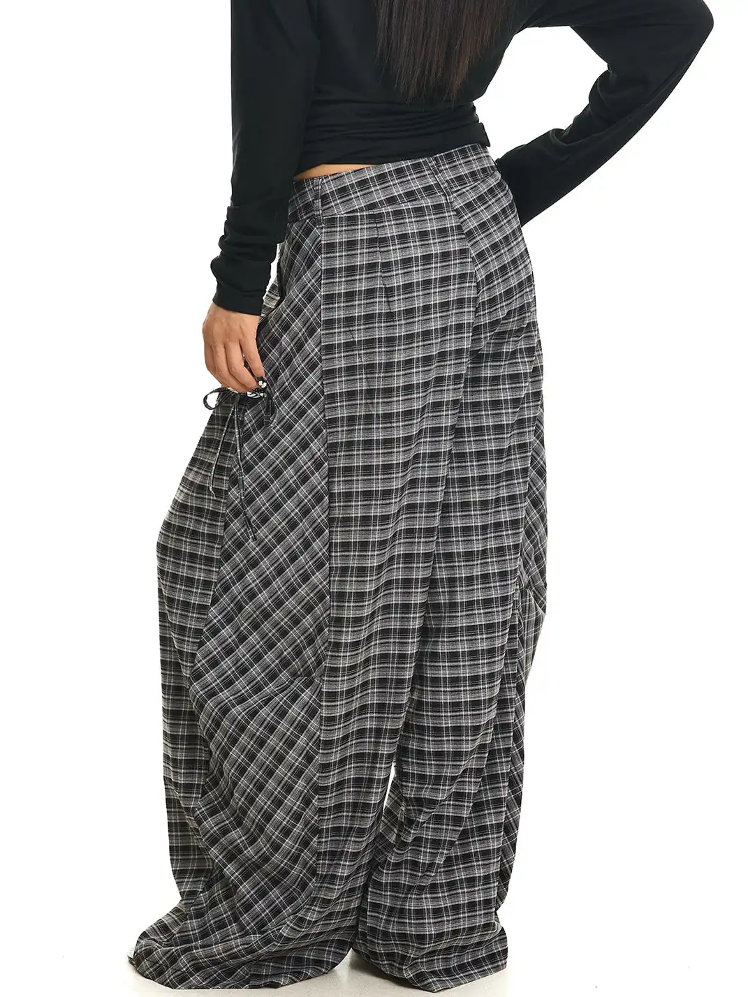 JHYWZD | Plaid Curved Wide Leg Pants