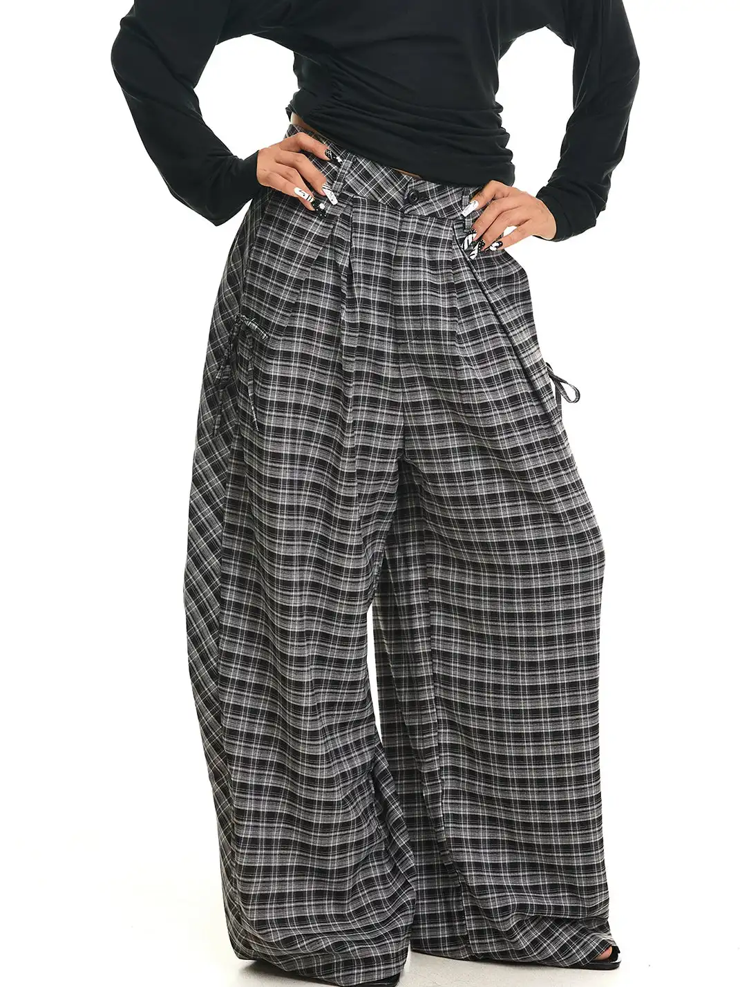 JHYWZD | Plaid Curved Wide Leg Pants