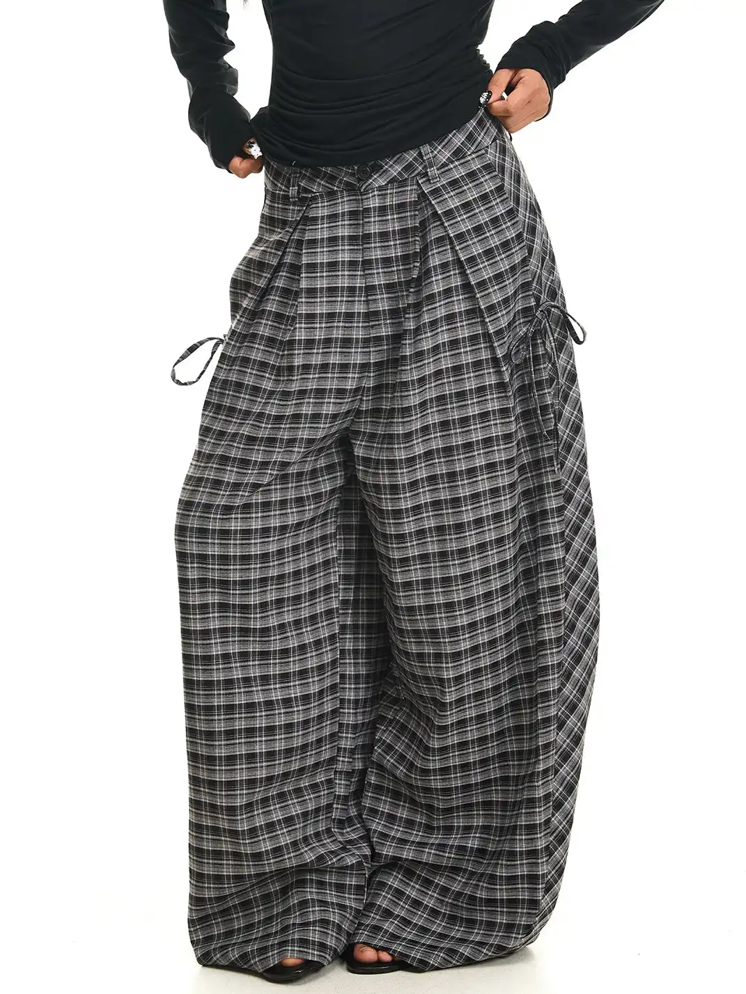 JHYWZD | Plaid Curved Wide Leg Pants