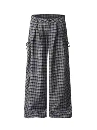 JHYWZD | Plaid Curved Wide Leg Pants