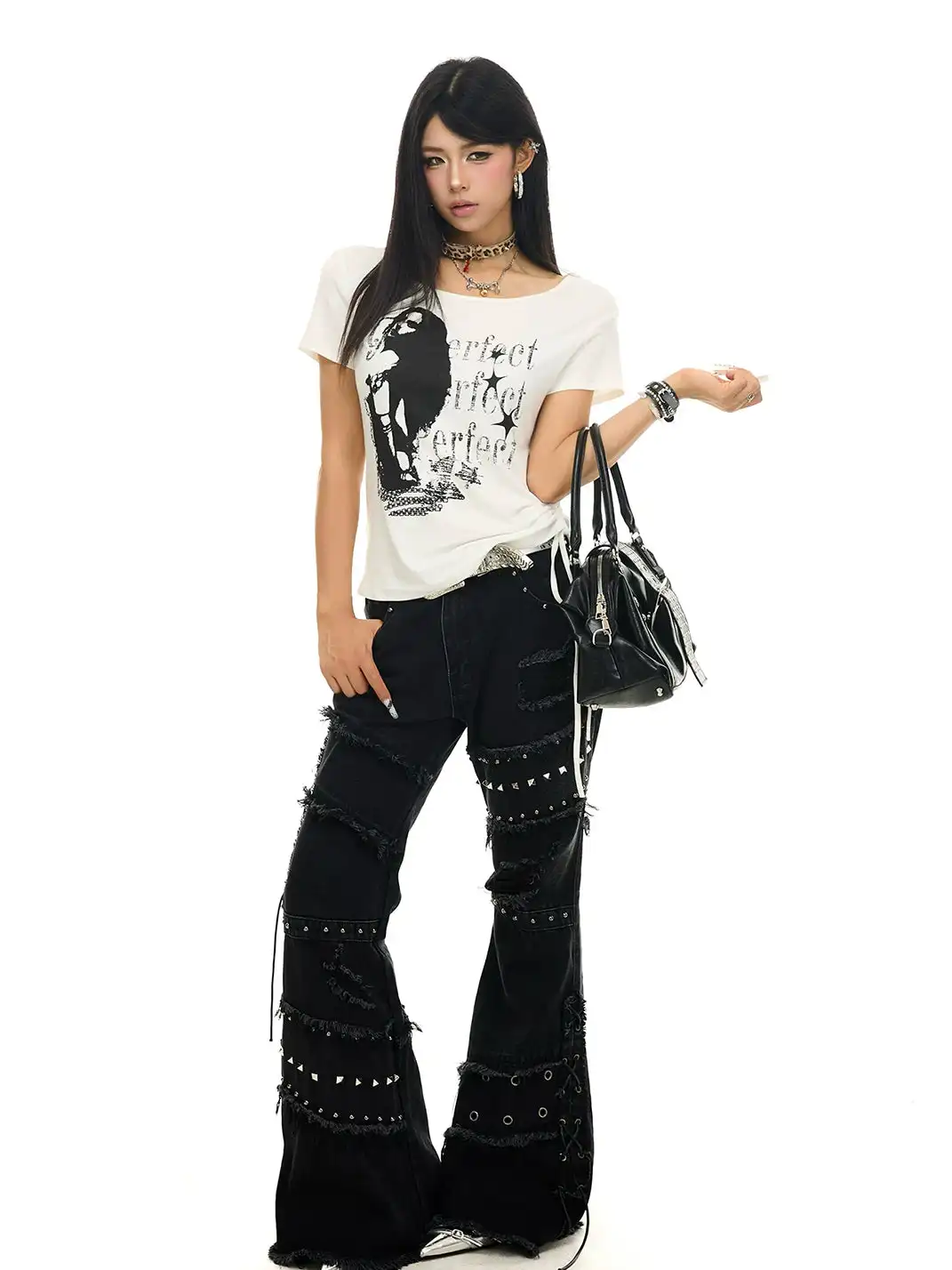 JHYWZD | Rivet Lace-Up Ripped Frayed Edge Jeans