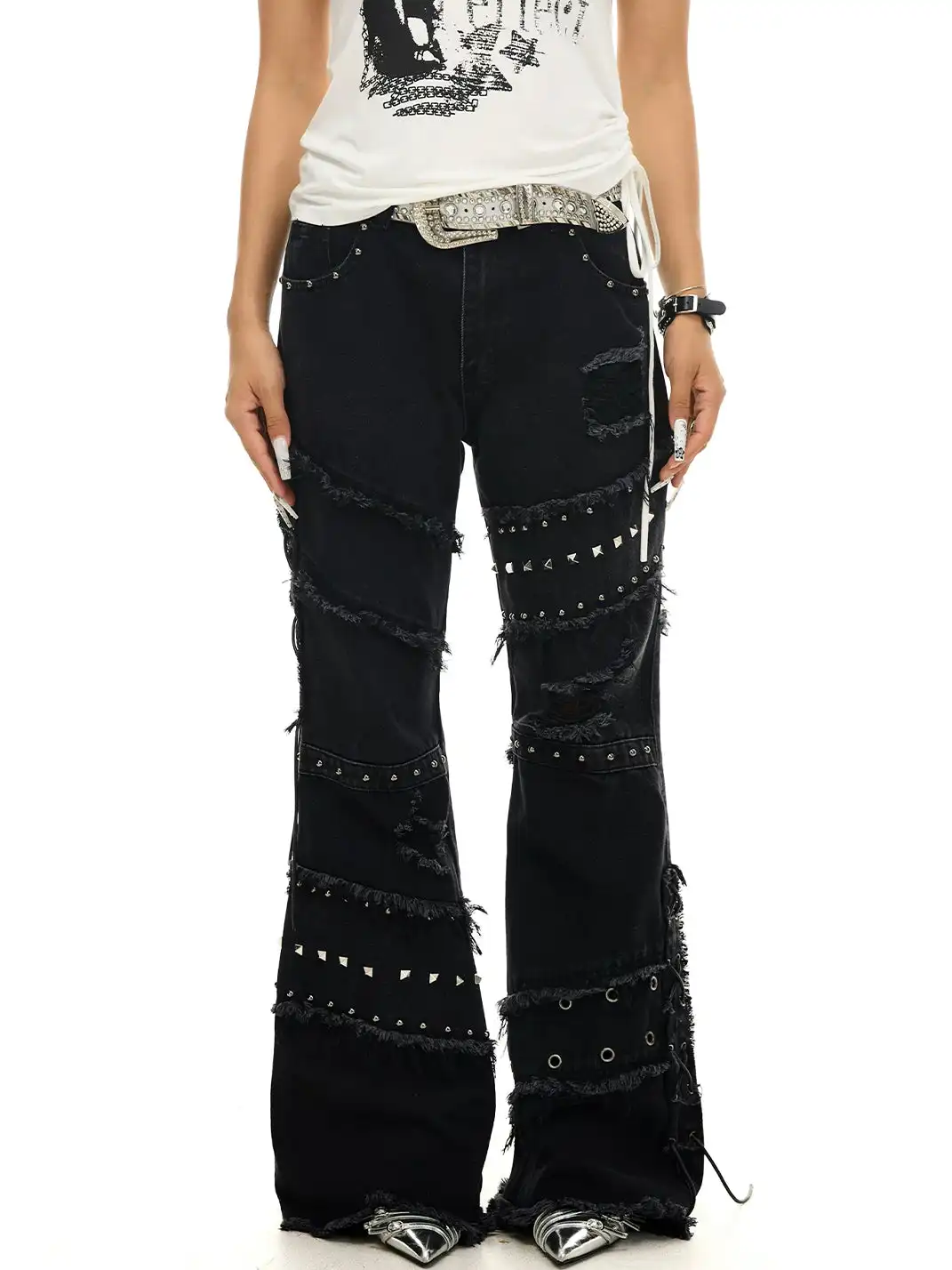 JHYWZD | Rivet Lace-Up Ripped Frayed Edge Jeans