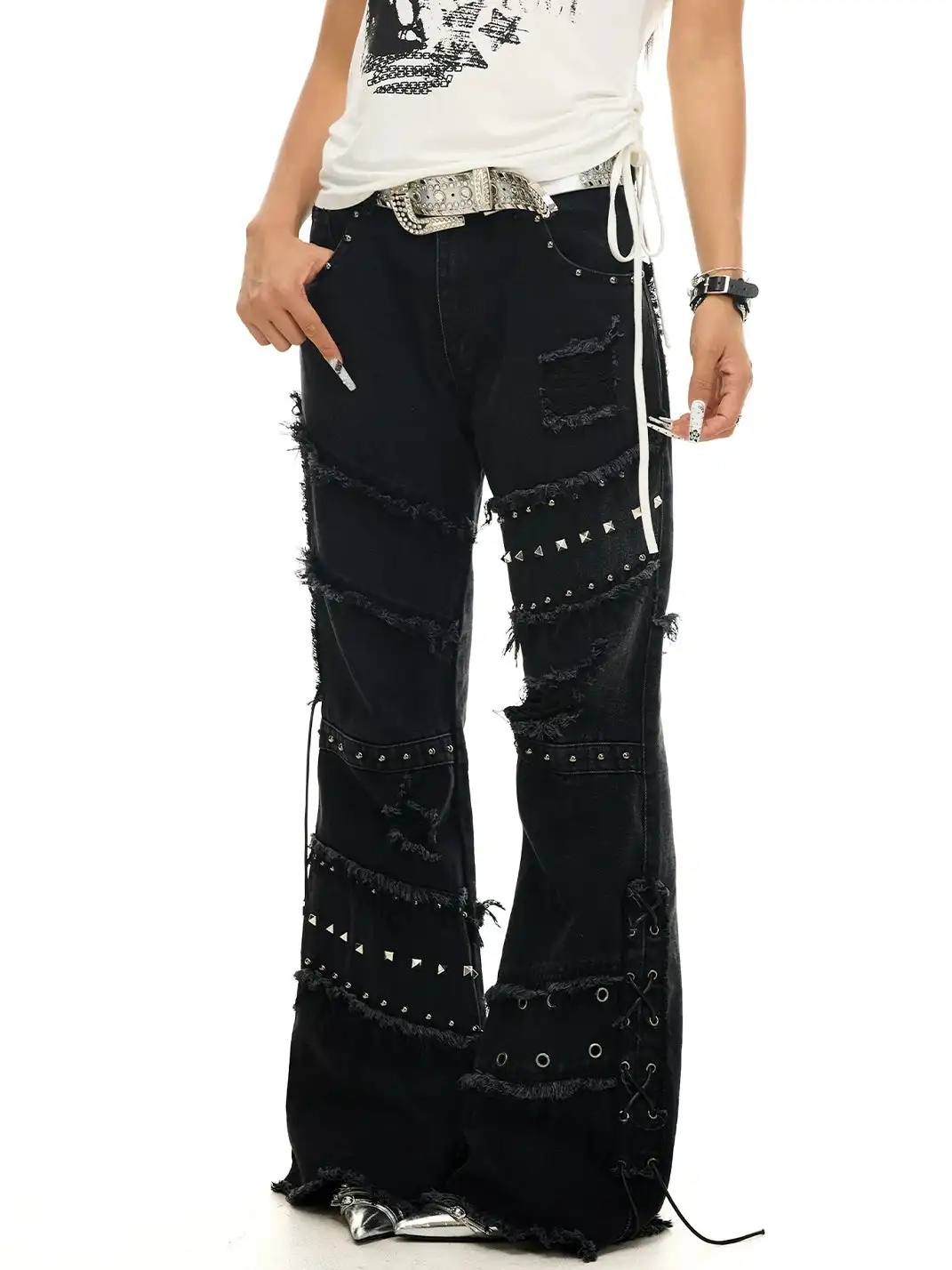 JHYWZD | Rivet Lace-Up Ripped Frayed Edge Jeans