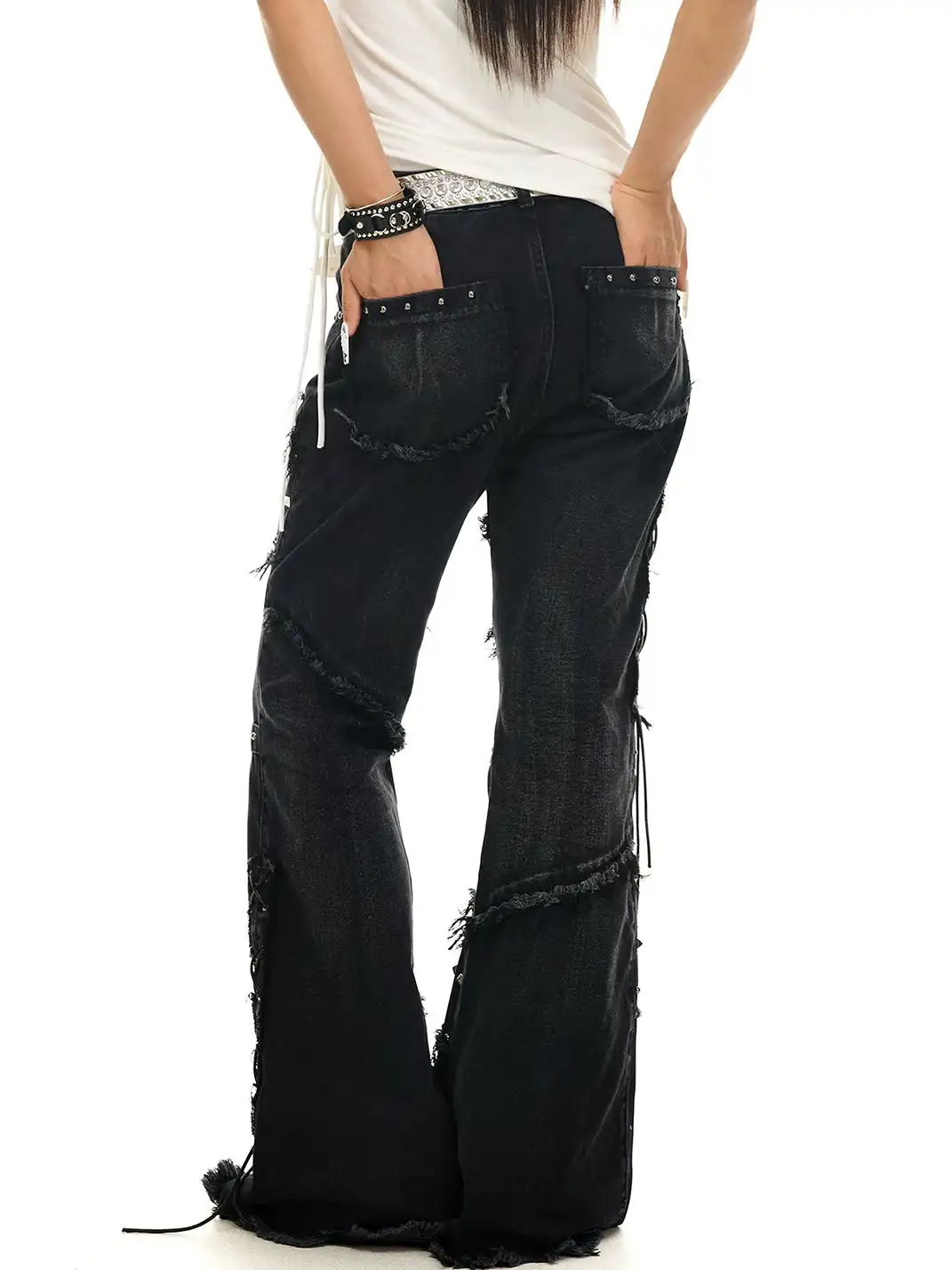 JHYWZD | Rivet Lace-Up Ripped Frayed Edge Jeans