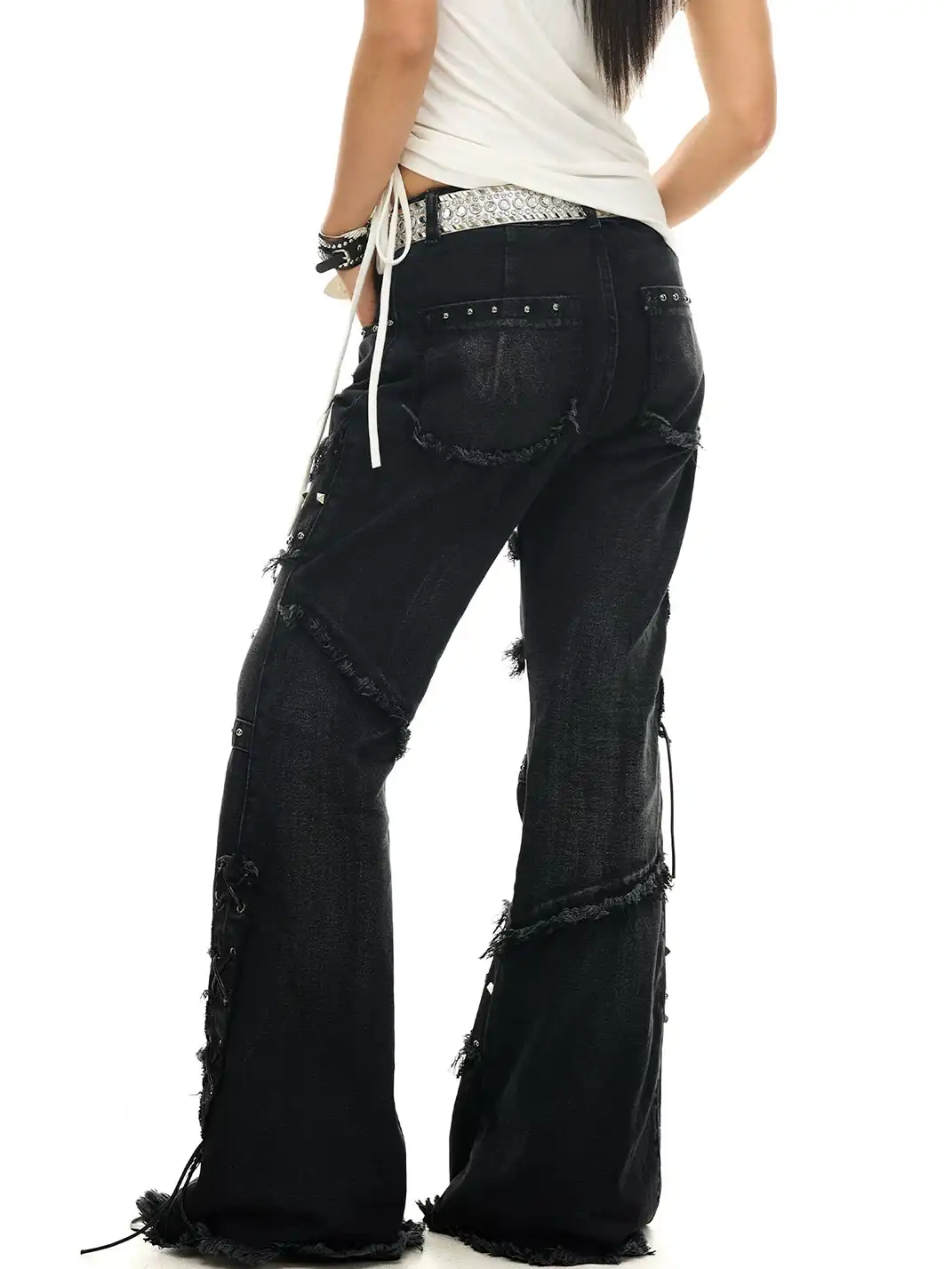 JHYWZD | Rivet Lace-Up Ripped Frayed Edge Jeans