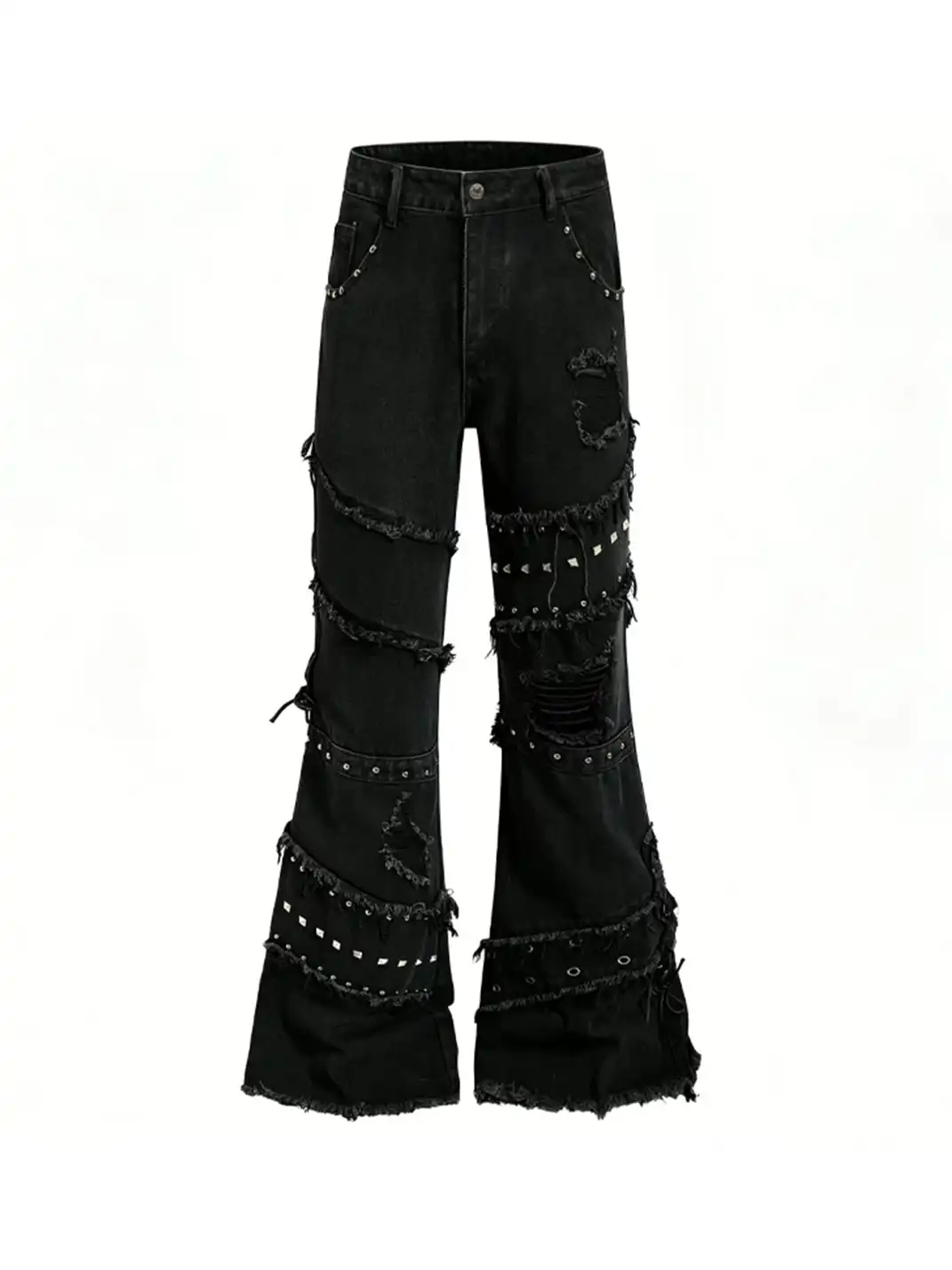 JHYWZD | Rivet Lace-Up Ripped Frayed Edge Jeans
