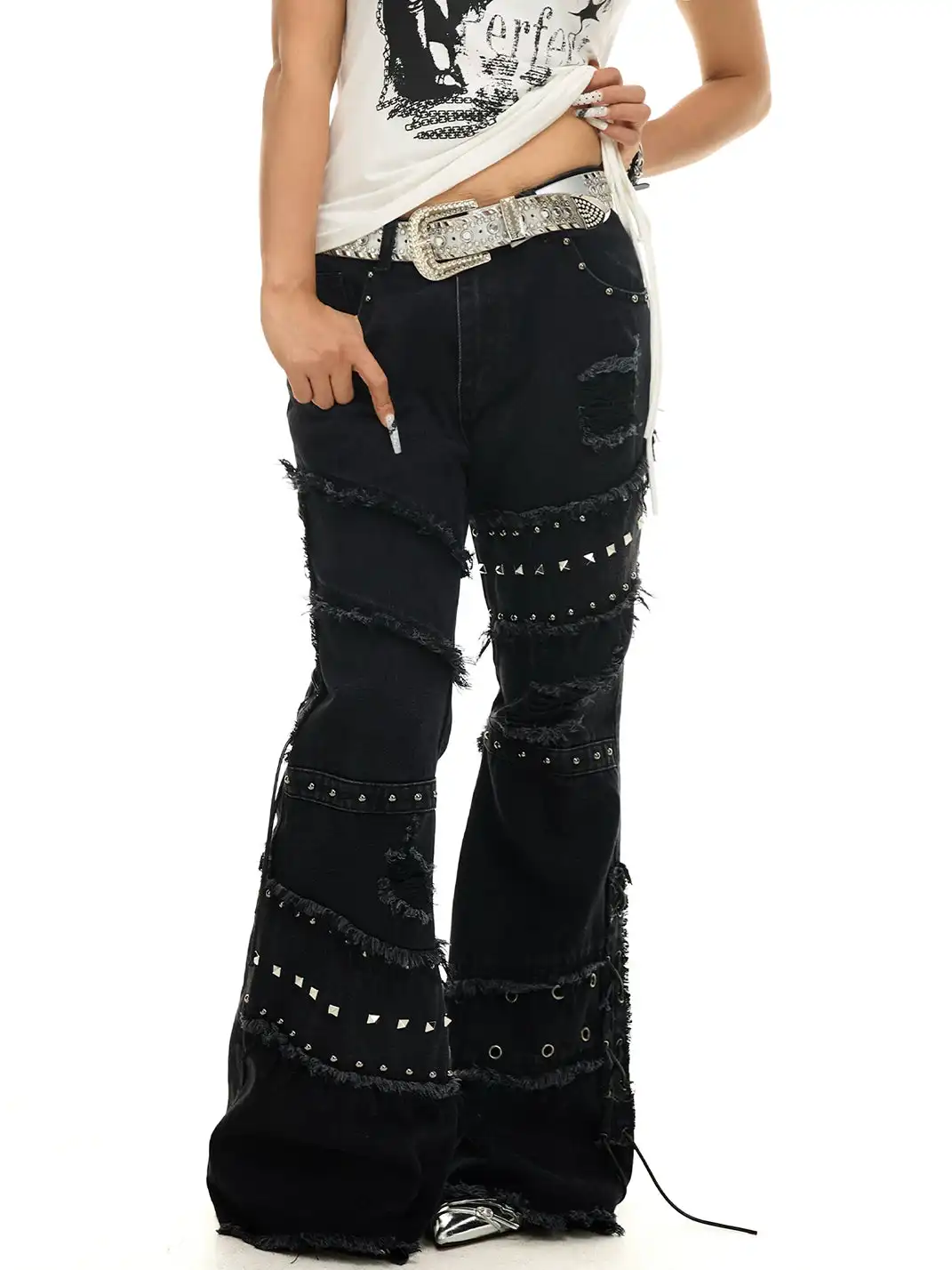JHYWZD | Rivet Lace-Up Ripped Frayed Edge Jeans
