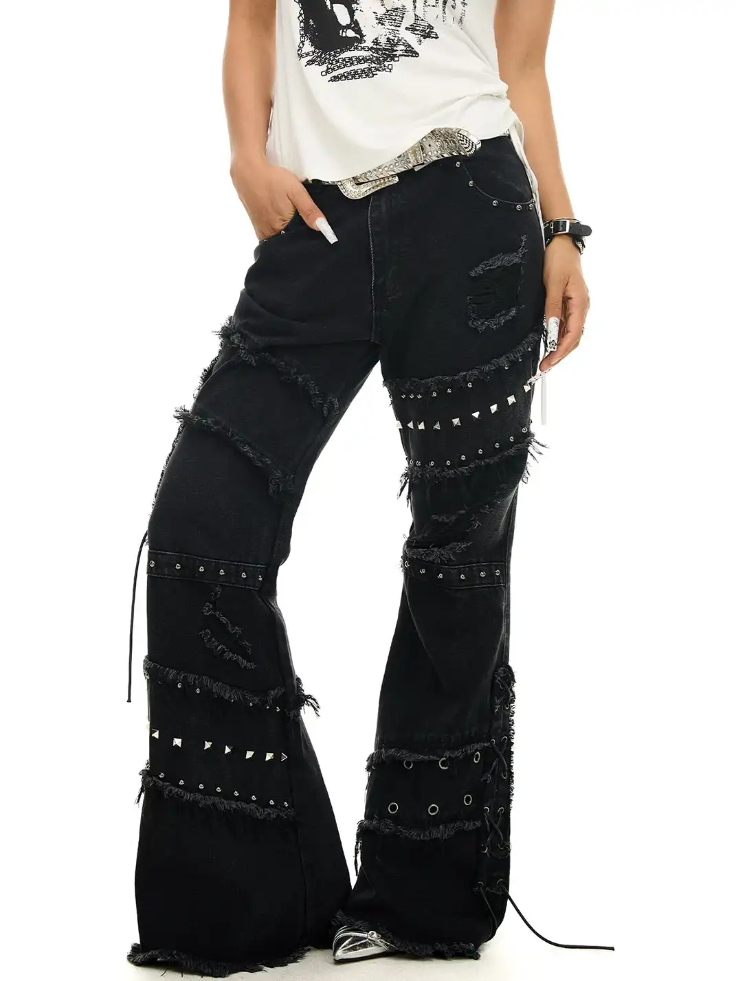JHYWZD | Rivet Lace-Up Ripped Frayed Edge Jeans