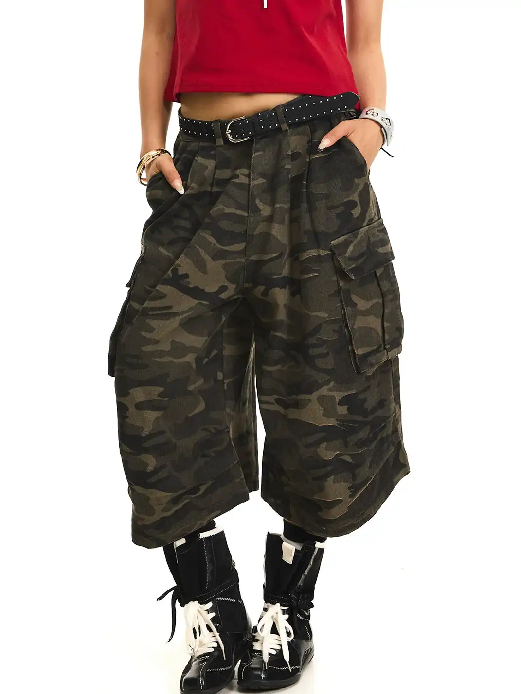 JHYWZD | Ruched Camo Cargo Capri Pants