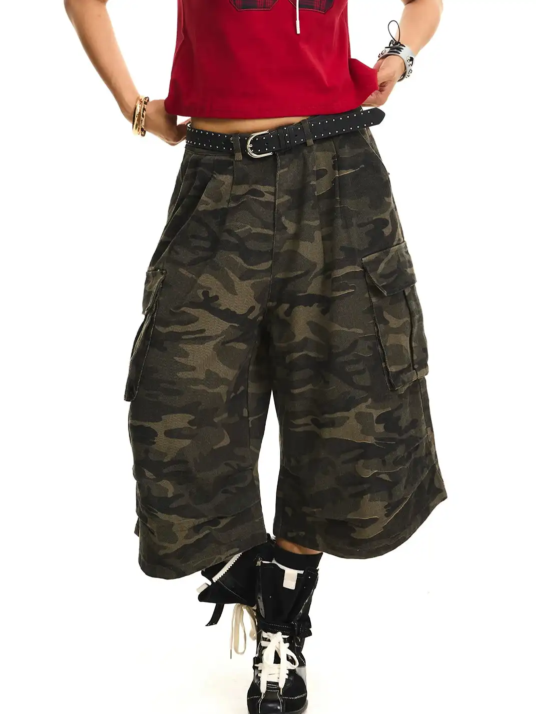 JHYWZD | Ruched Camo Cargo Capri Pants