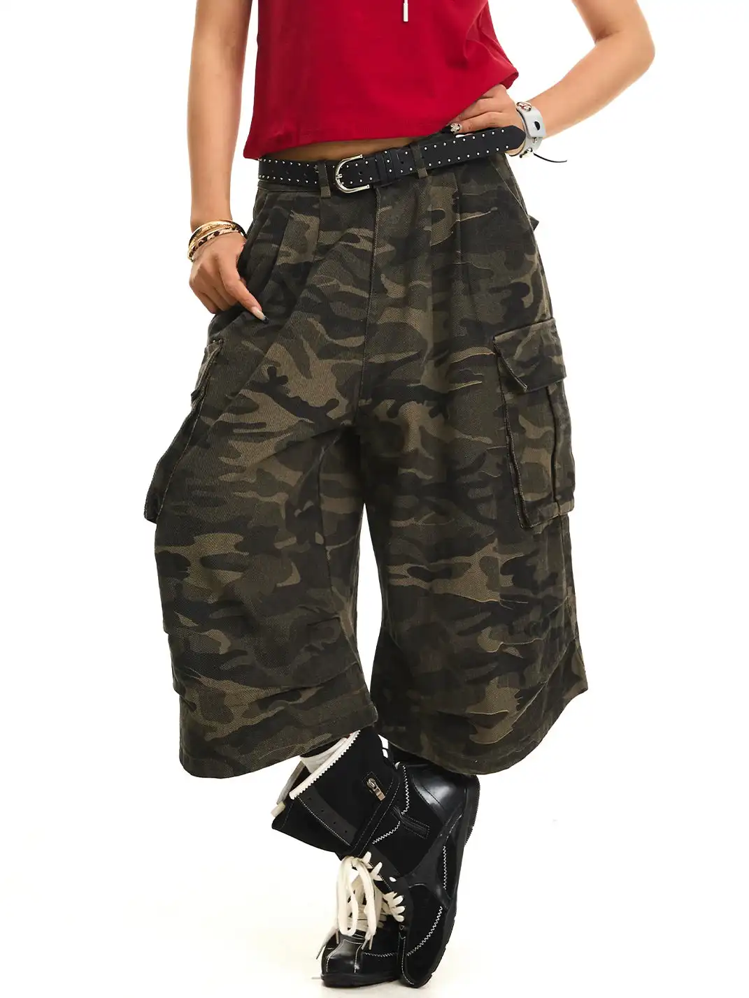 JHYWZD | Ruched Camo Cargo Capri Pants