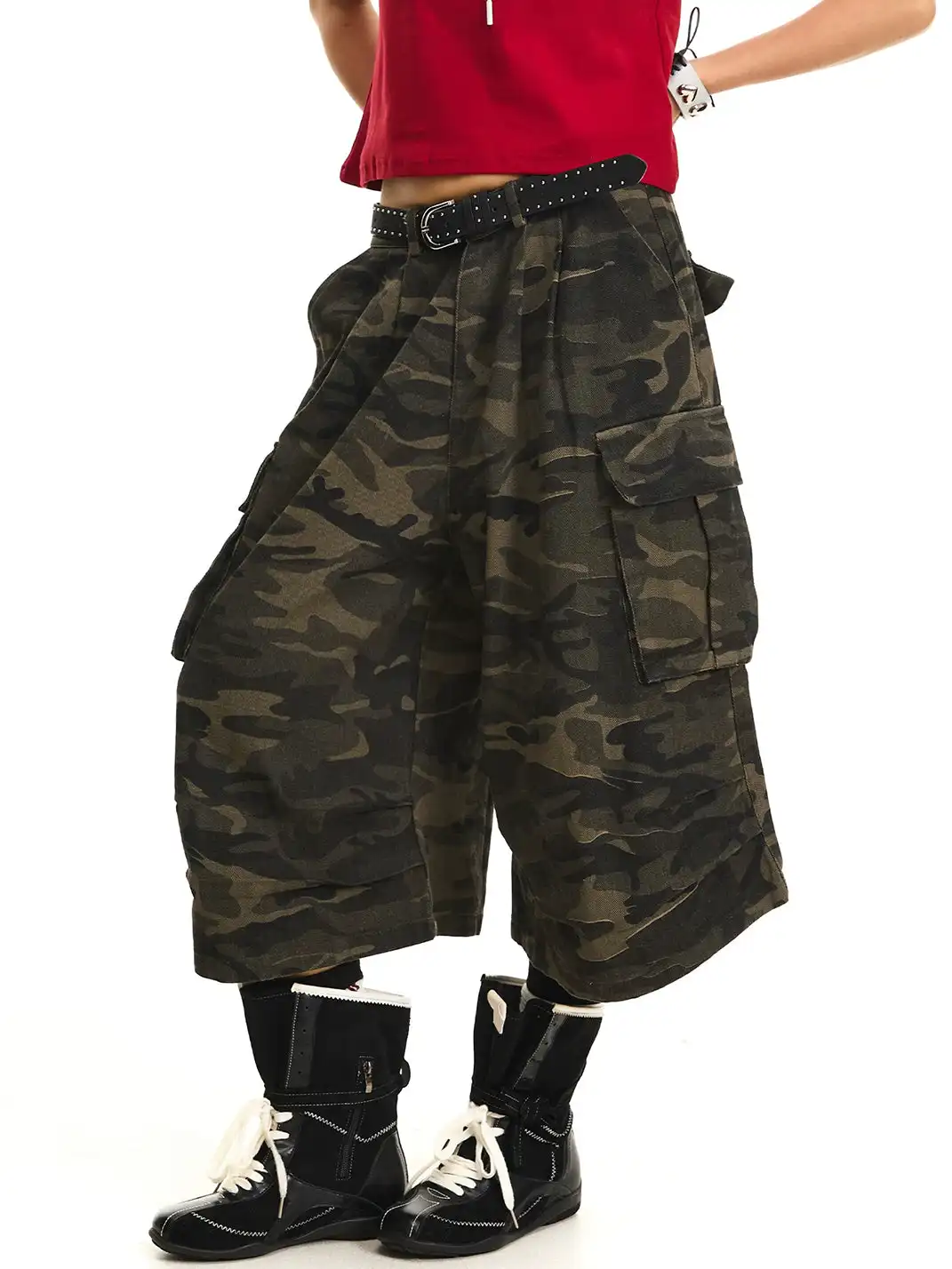 JHYWZD | Ruched Camo Cargo Capri Pants
