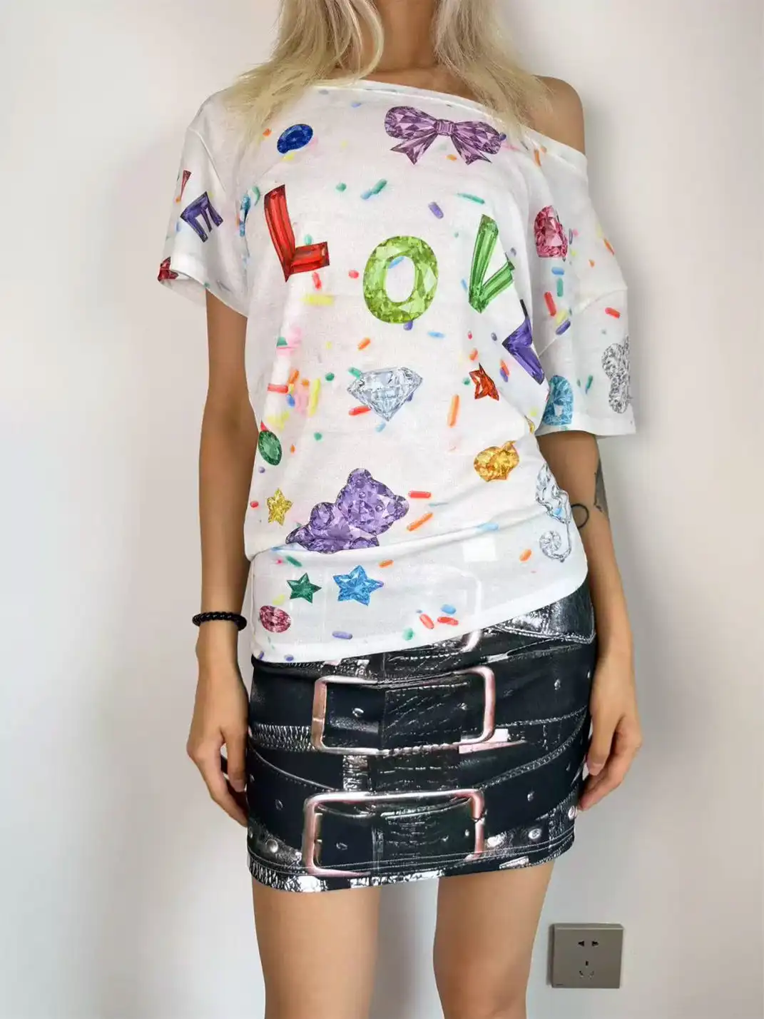 Furchin | Asymmetrical Shoulder Oversized Stretch Printed T-Shirt
