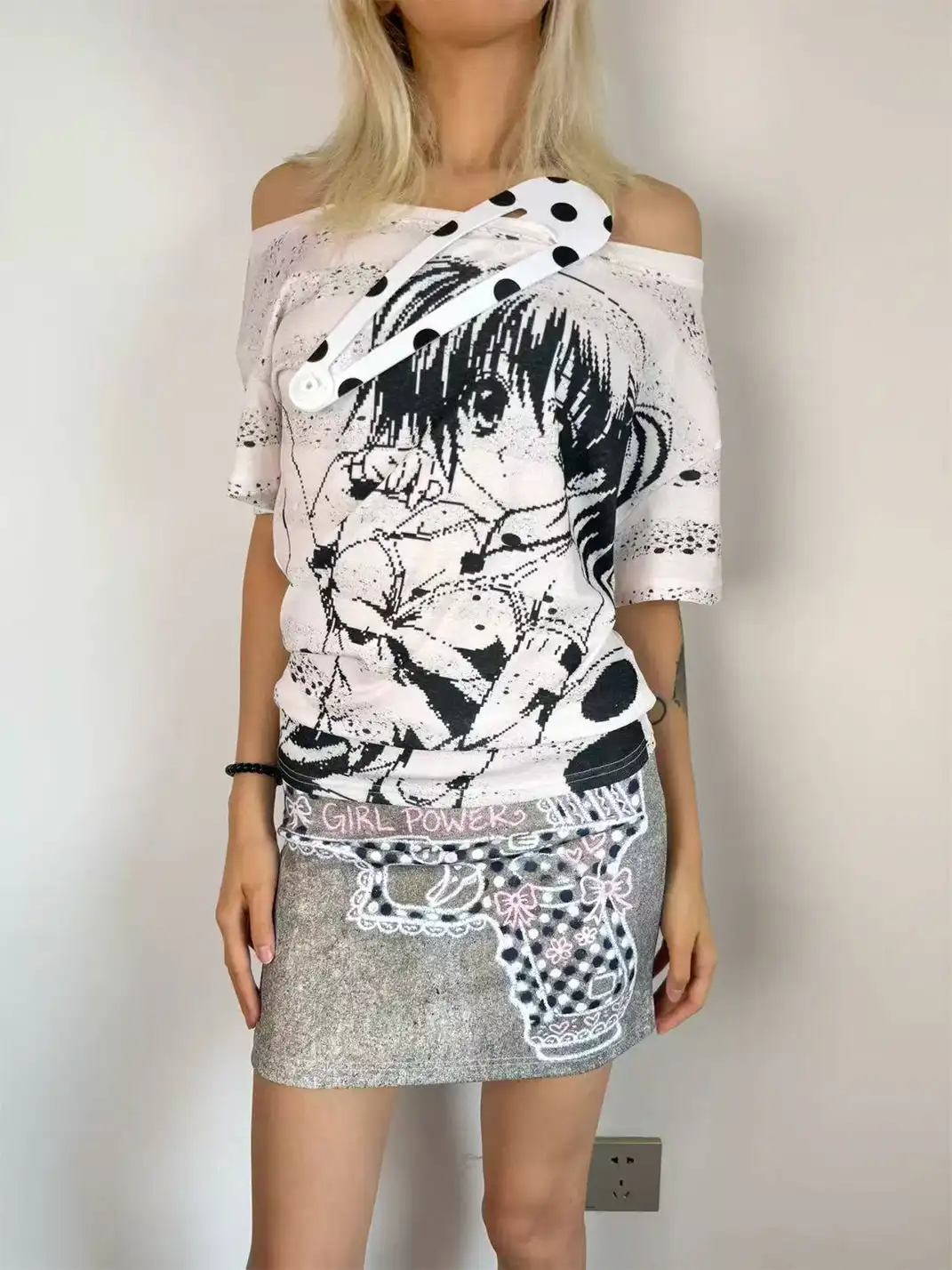 Furchin | Asymmetrical Shoulder Oversized Stretch Printed T-Shirt