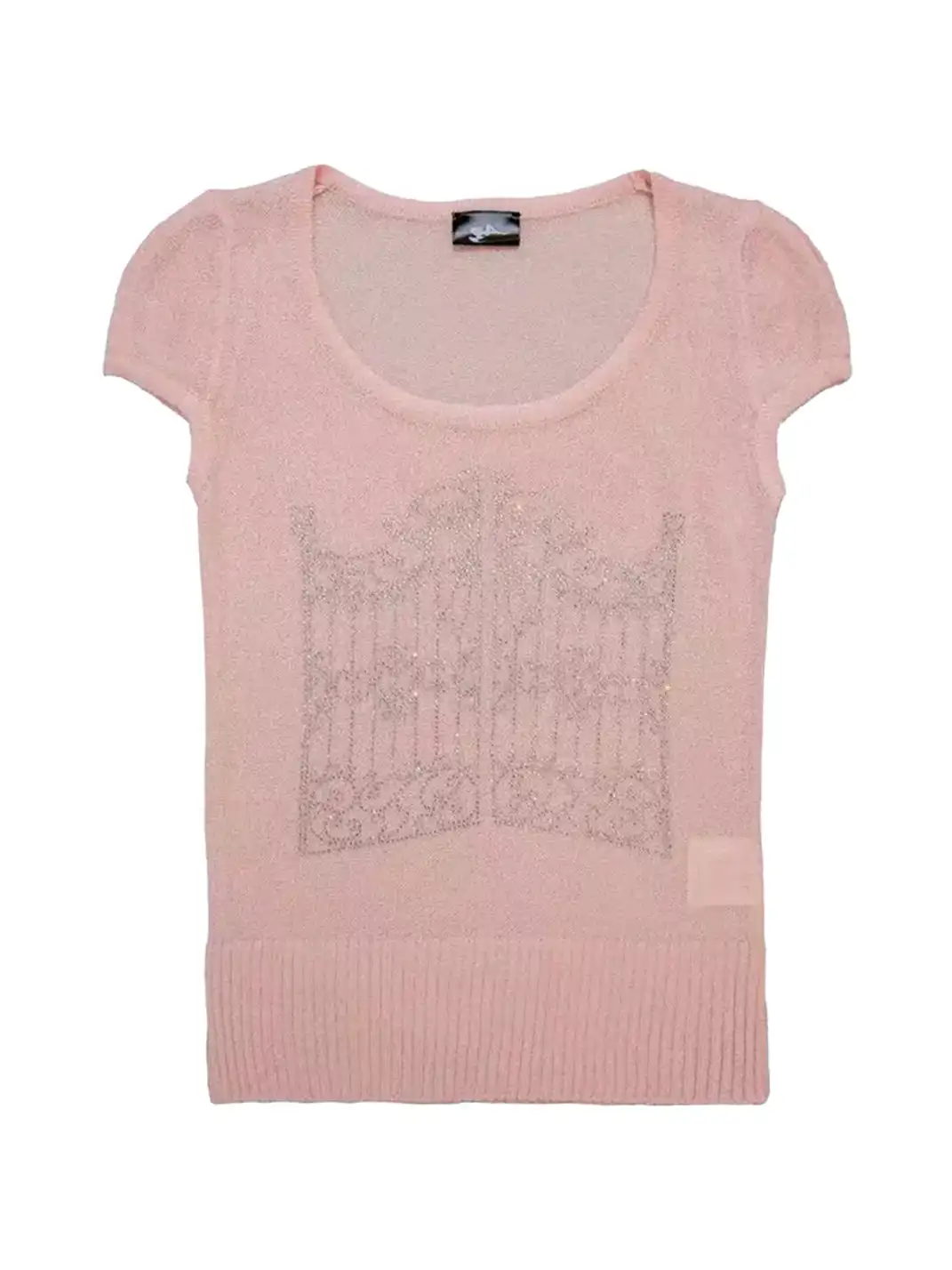 Furchin | Rhinestone Wide Neck Knit Short Sleeve T-Shirt