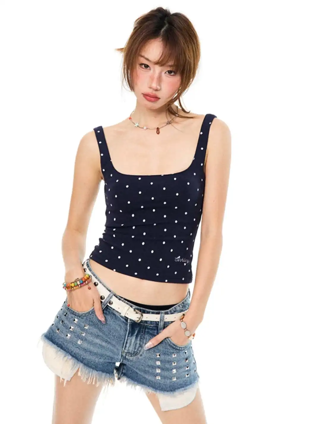 YOUNG STAGE | Polka Dot Letter Embroidery Cami Top