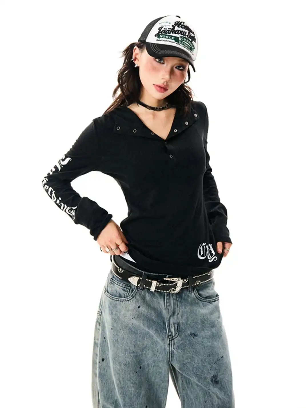 YOUNG STAGE | Gothic Style Hooded Long Sleeve T-Shirt