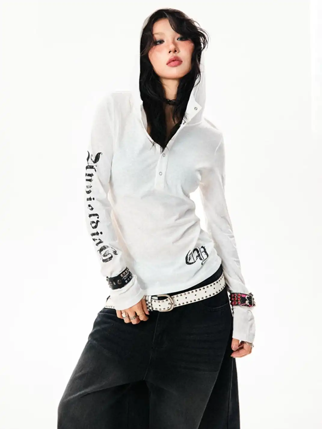 YOUNG STAGE | Gothic Style Hooded Long Sleeve T-Shirt