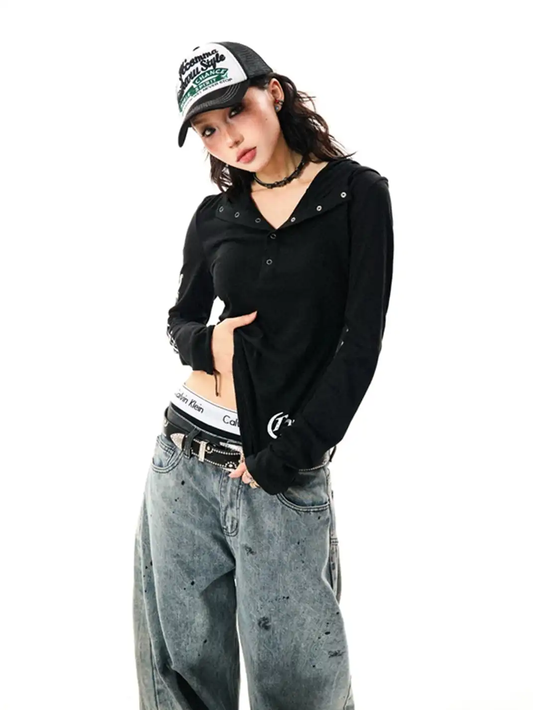 YOUNG STAGE | Gothic Style Hooded Long Sleeve T-Shirt