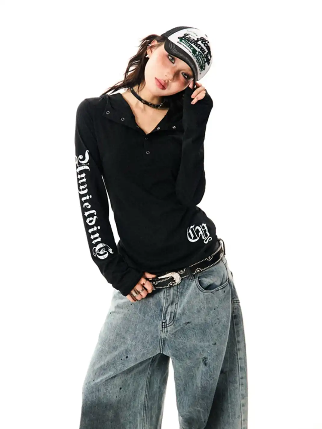 YOUNG STAGE | Gothic Style Hooded Long Sleeve T-Shirt