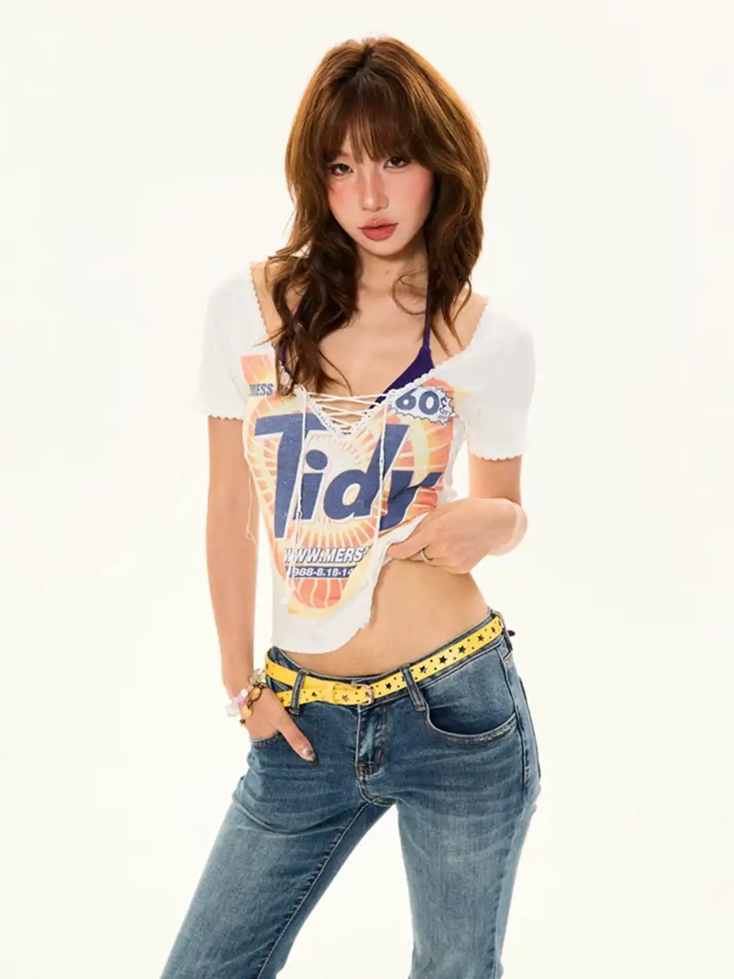 YOUNG STAGE | Letter Print Lace-Up V-Neck T-Shirt